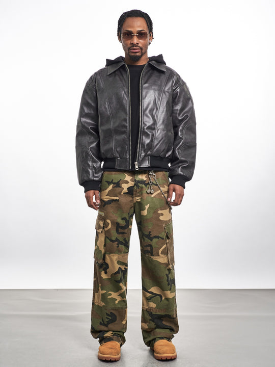 F3F Select PU Leather Hooded Fake Two Piece Jacket | Face 3 Face