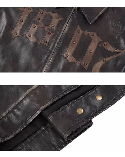 1807 Embroidery Patch Studs Leather Jacket | Face 3 Face