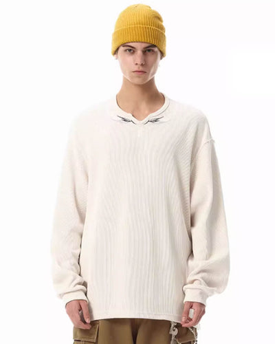 JHYQ Embroidery Waffle V-neck Long Sleeve Tee | Face 3 Face