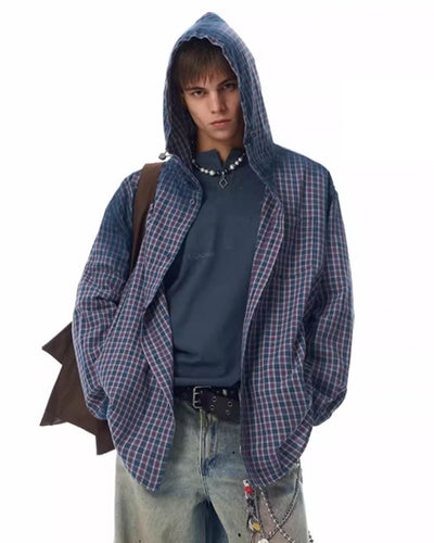 JHYQ Gradation Plaid Hooded Long Sleeved Shirt | Face 3 Face