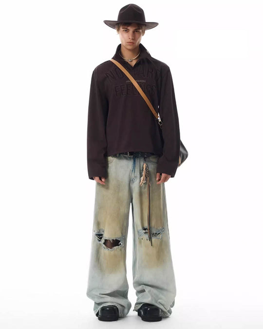 JHYQ Dirty Dye Ripped Rivets Diamonds Baggy Jeans | Face 3 Face