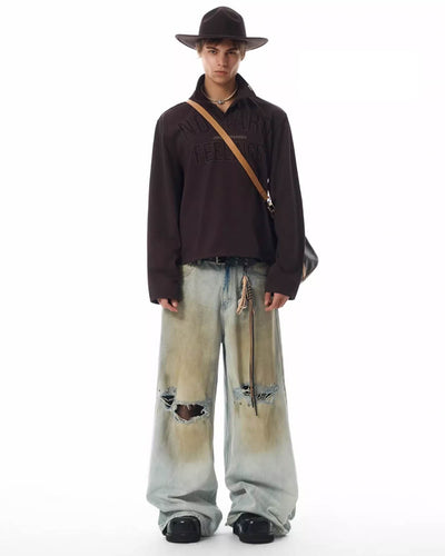 JHYQ Dirty Dye Ripped Rivets Diamonds Baggy Jeans | Face 3 Face