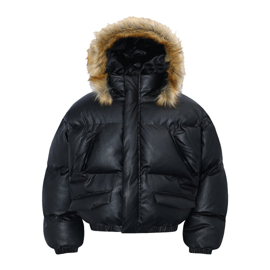 F3F Select Fur Hooded Removable PU Leather Puffer Jacket | Face 3 Face