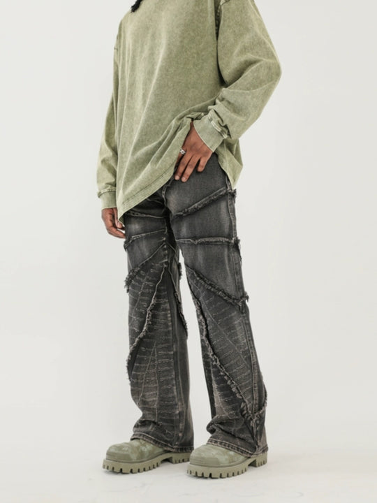 F3F Select Vintage Washed & Old Damaged Raw Edge Splicing Jeans
