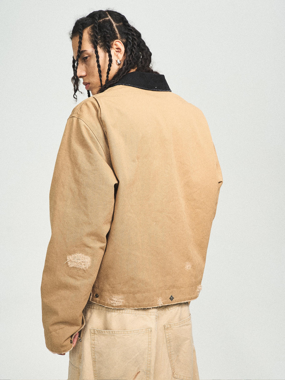 STEEPC Vintage Washed Ripped Studded Lapel Work Jacket | Face 3 Face