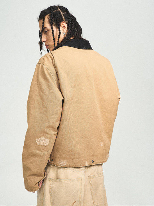 STEEPC Vintage Washed Ripped Studded Lapel Work Jacket | Face 3 Face