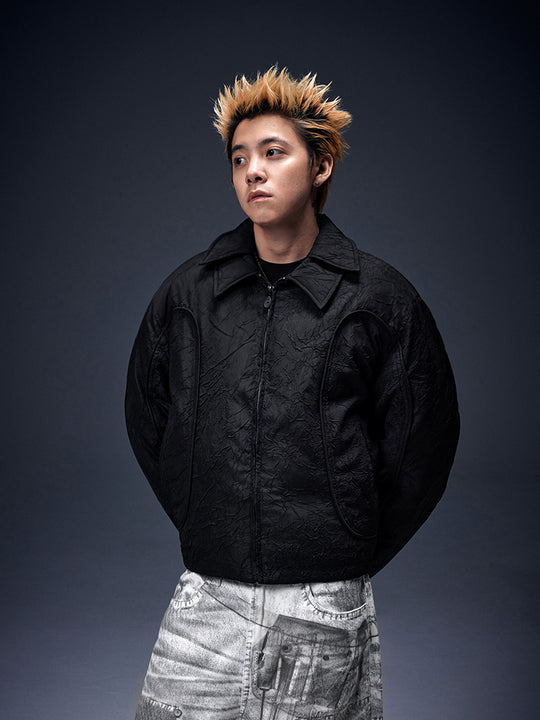 YADcrew Pleated Double Collar Pressed Wrinkled Puffer Jacket | Face 3 Face