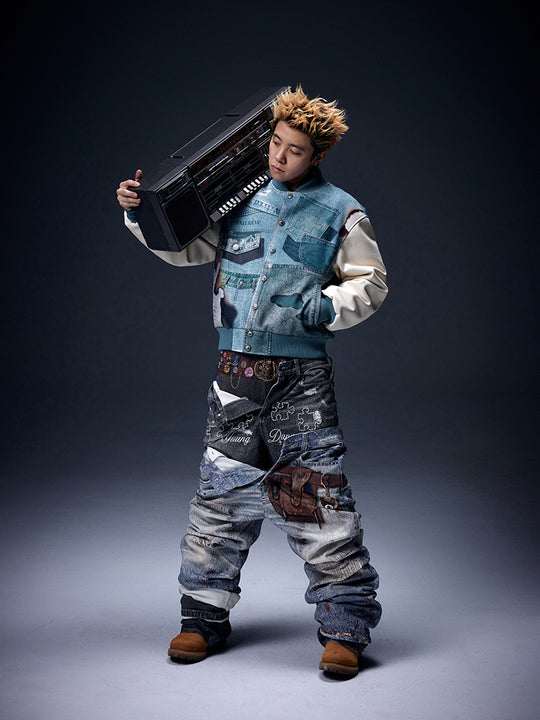 YADcrew Denim Printed Varsity Jacket | Face 3 Face