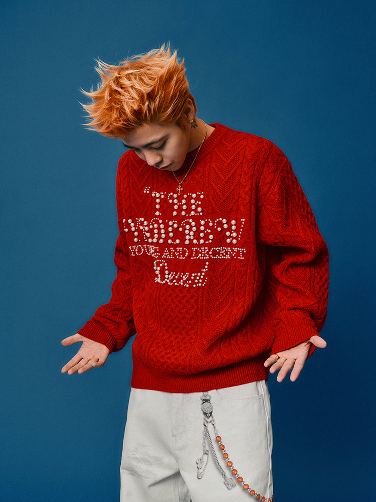 YADcrew Pearl Text Typography Knit Sweater | Face 3 Face