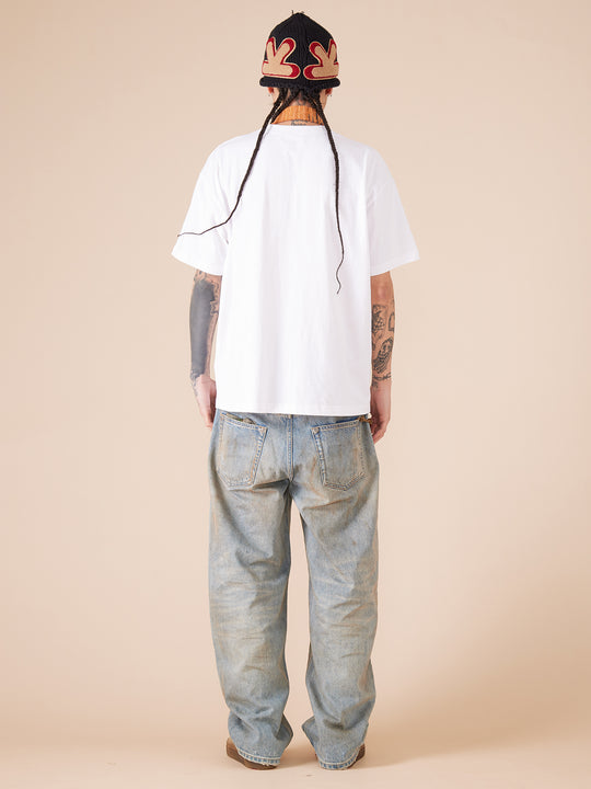 EVILKNIGHT(EK) Customized Rivets Dirty Wash Holes Denim Jeans