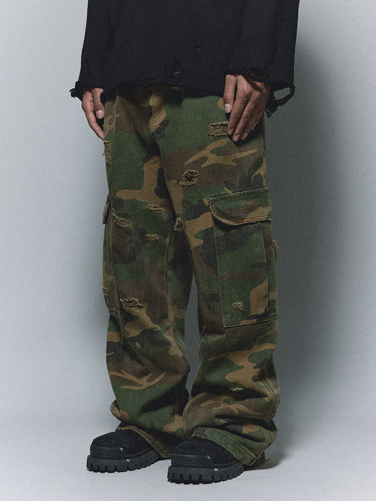 ANTIDOTE Camouflage Washed Hole Baggy Cargo Pants | Face 3 Face