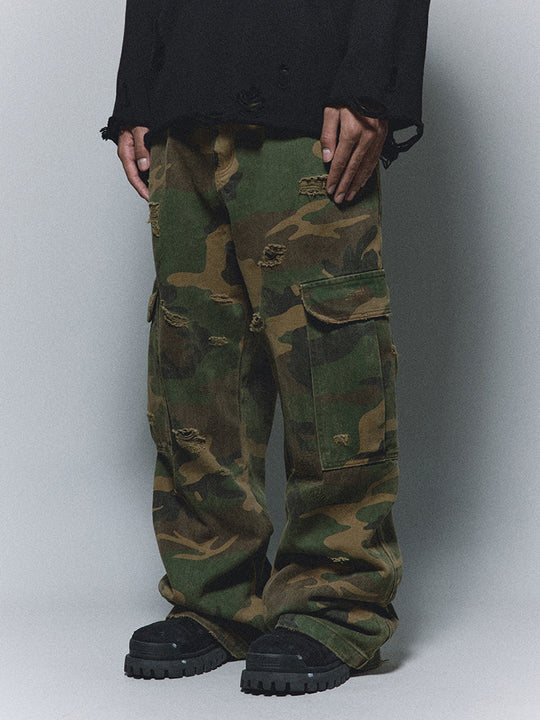ANTIDOTE Camouflage Washed Hole Baggy Cargo Pants | Face 3 Face