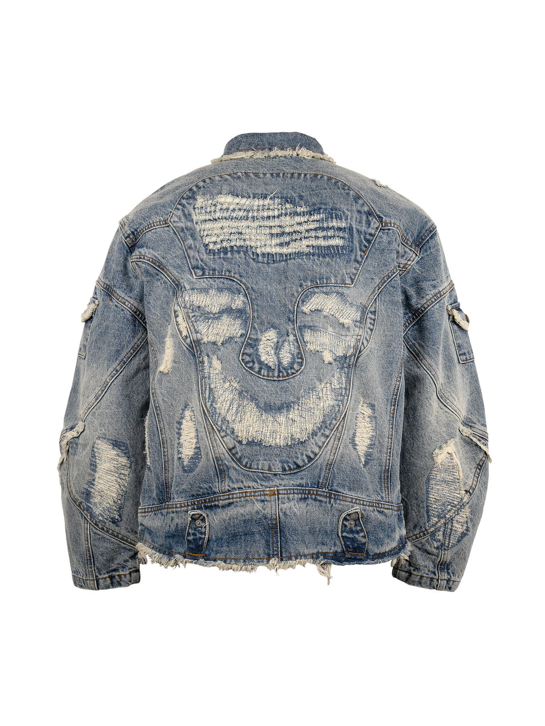 EVILKNIGHT(EK) Washed Heavy Embroidery Destroyed Patchwork Denim Jacket