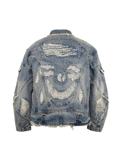 EVILKNIGHT(EK) Washed Heavy Embroidery Destroyed Patchwork Denim Jacket