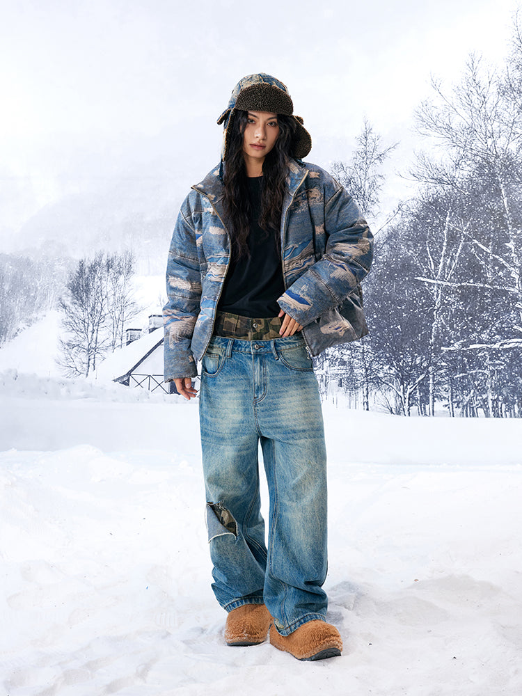 YADcrew Ragged Oil Denim Printed Down Jacket | Face 3 Face