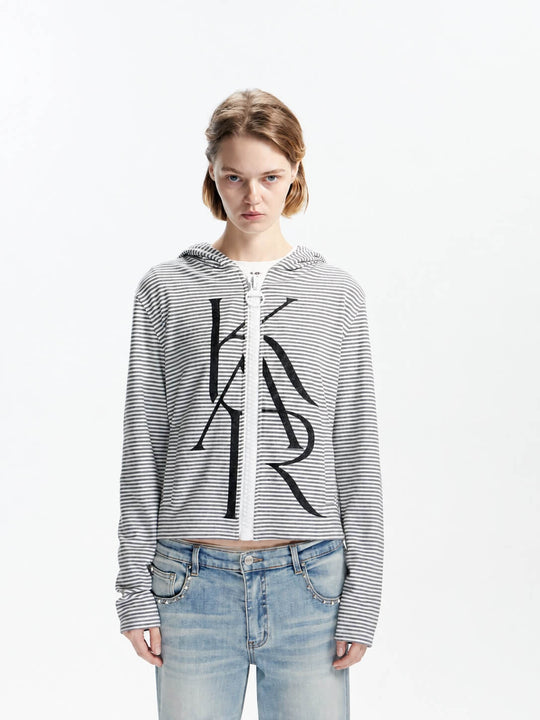 KARMANISTIC Glitter Lettering Striped Zip Up Hoodie | Face 3 Face