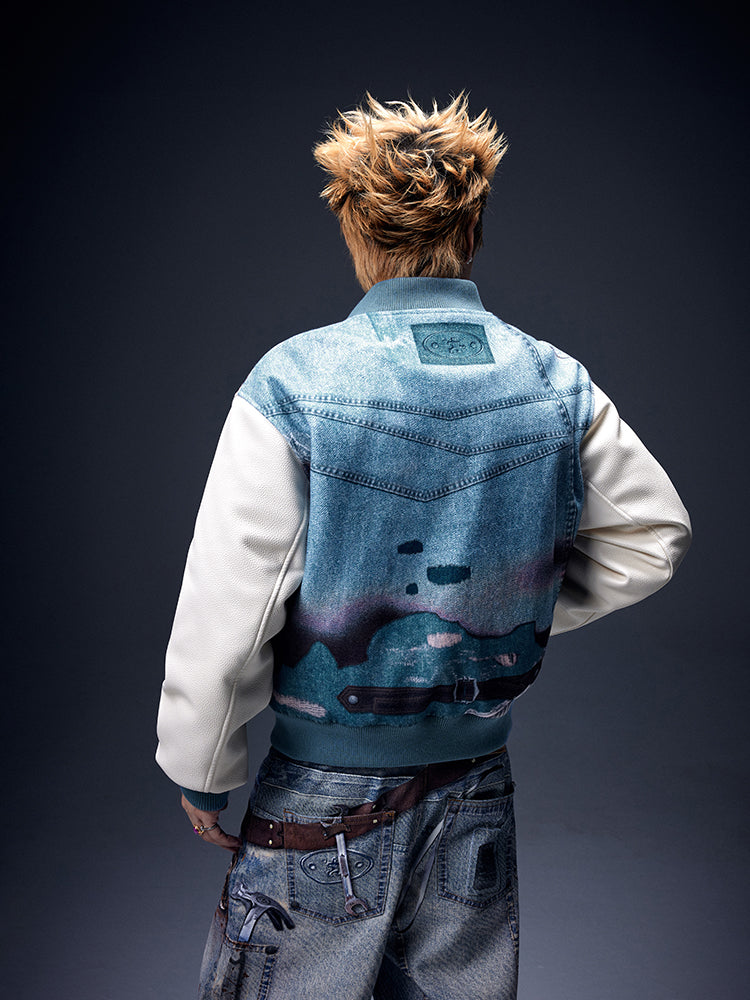 YADcrew Denim Printed Varsity Jacket | Face 3 Face