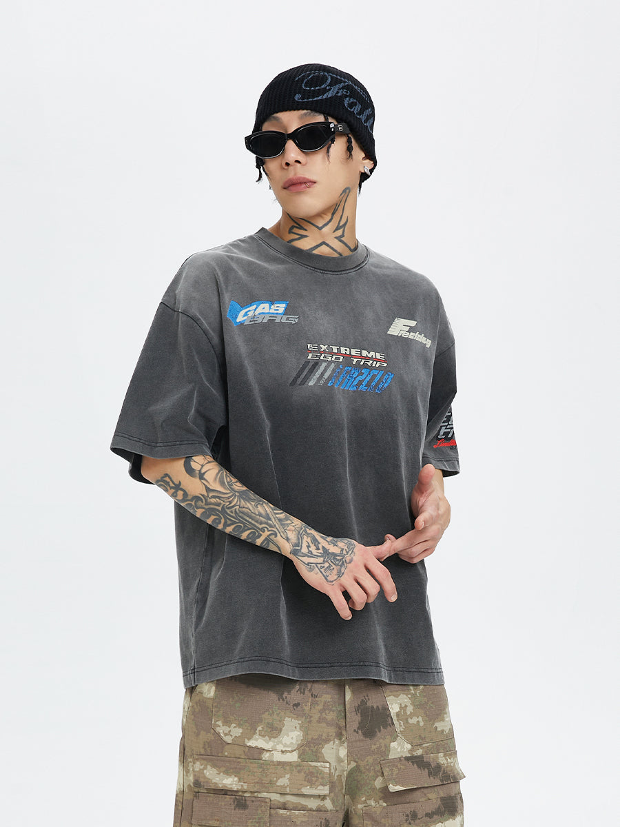 F2CE Washed Gradient Racing Cracked Letter Print Tee