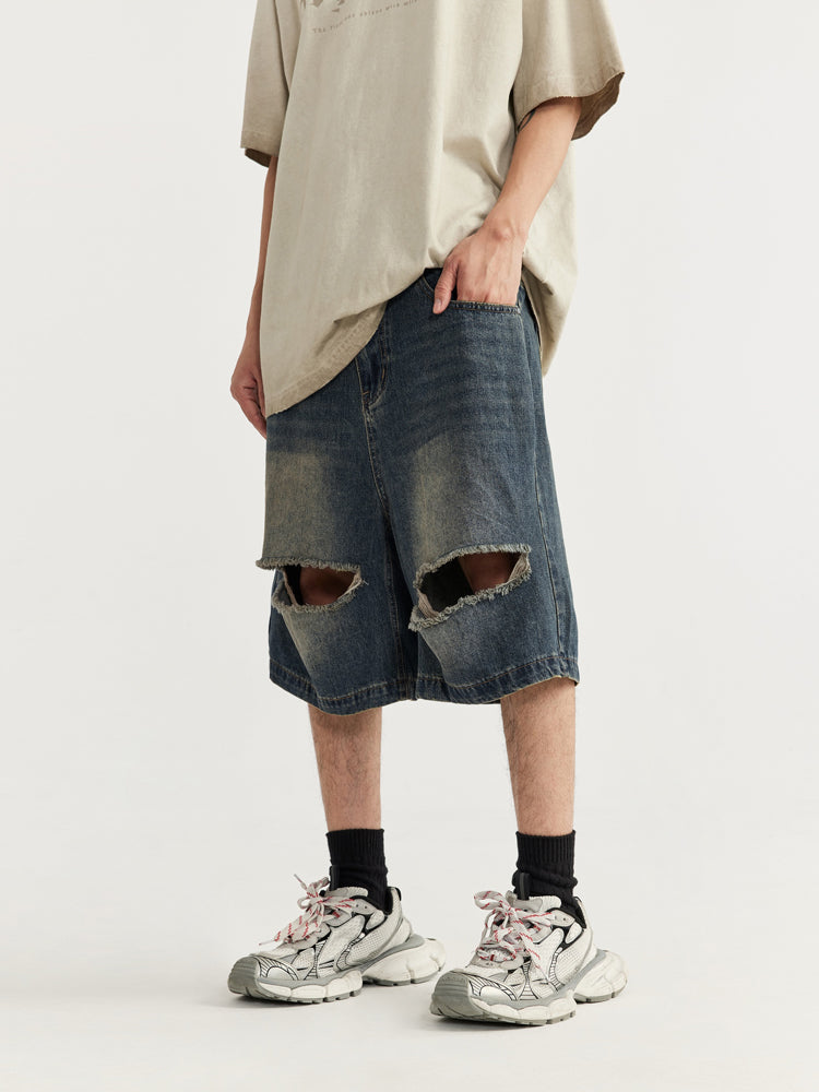 F3F Select RetroWashed Old Holes Wide Denim Short Jeans