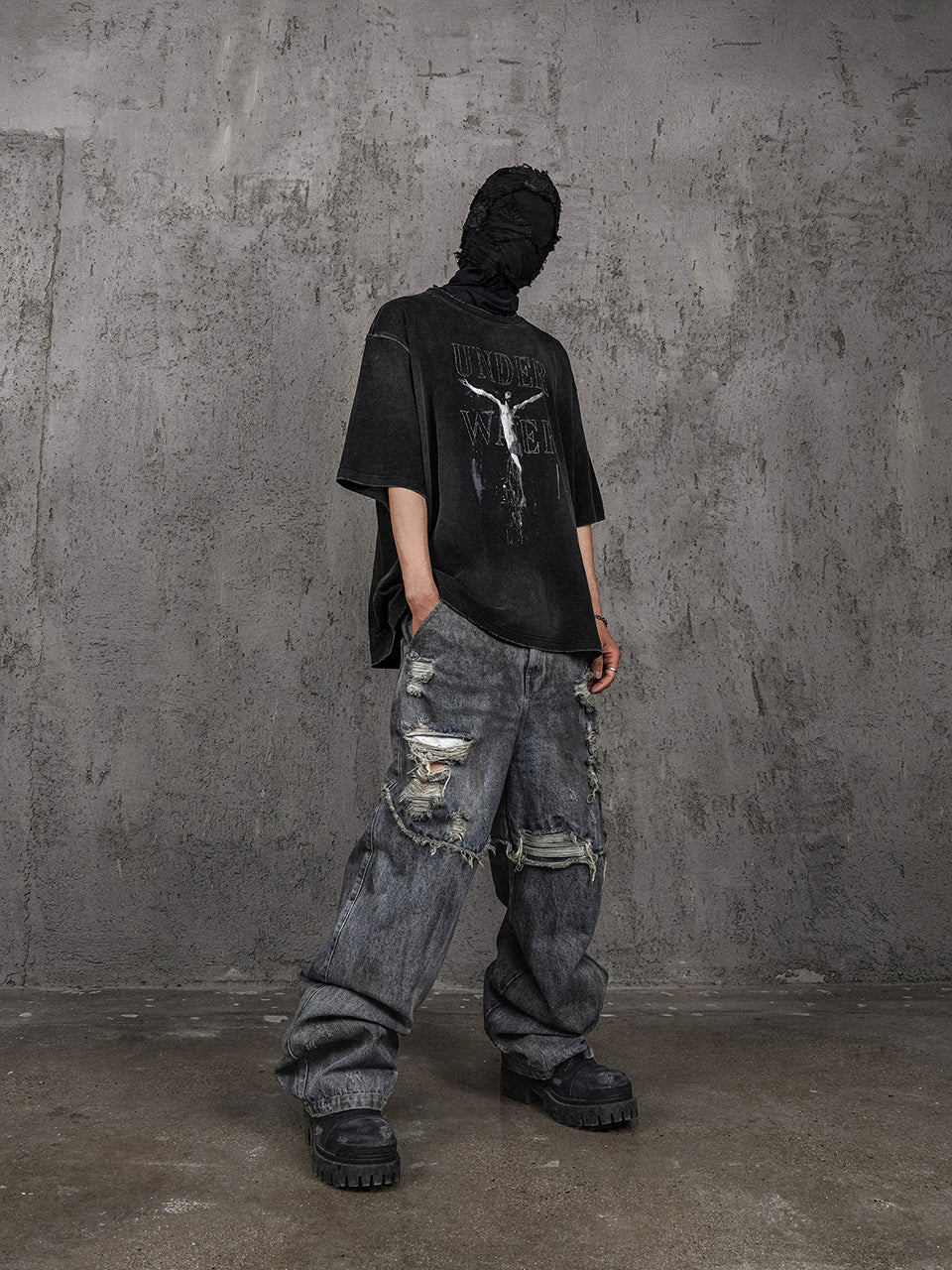 UNDERWATER Dirty Dye Damaged Splicing Baggy Jeans | Face 3 Face