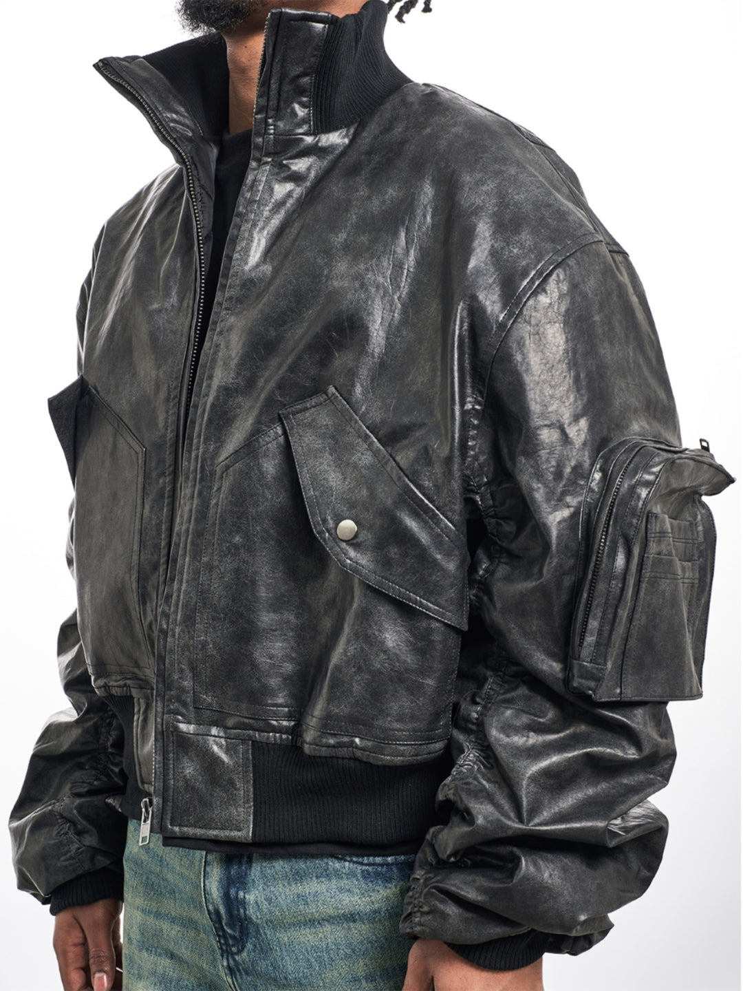 F3F Select Big Arm Pockets PU Leather MA-1 Bomber Jacket | Face 3 Face