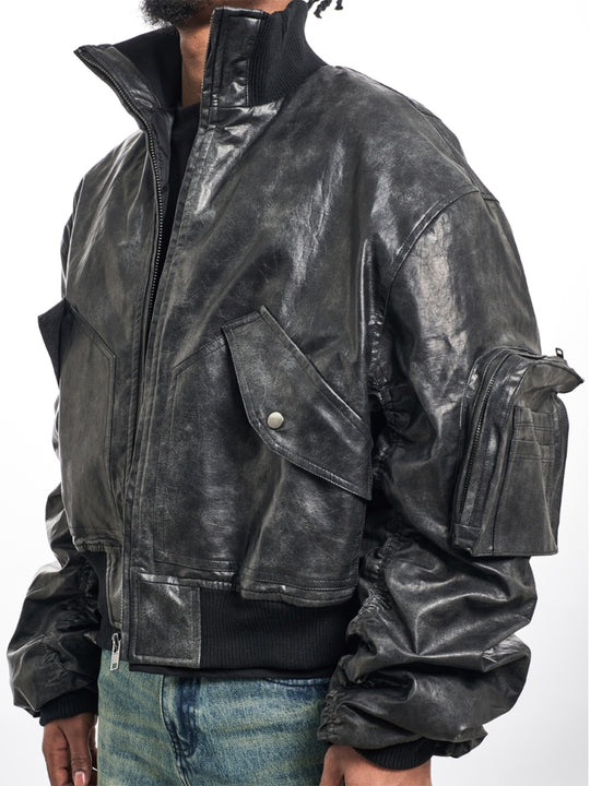 F3F Select Big Arm Pockets PU Leather MA-1 Bomber Jacket | Face 3 Face