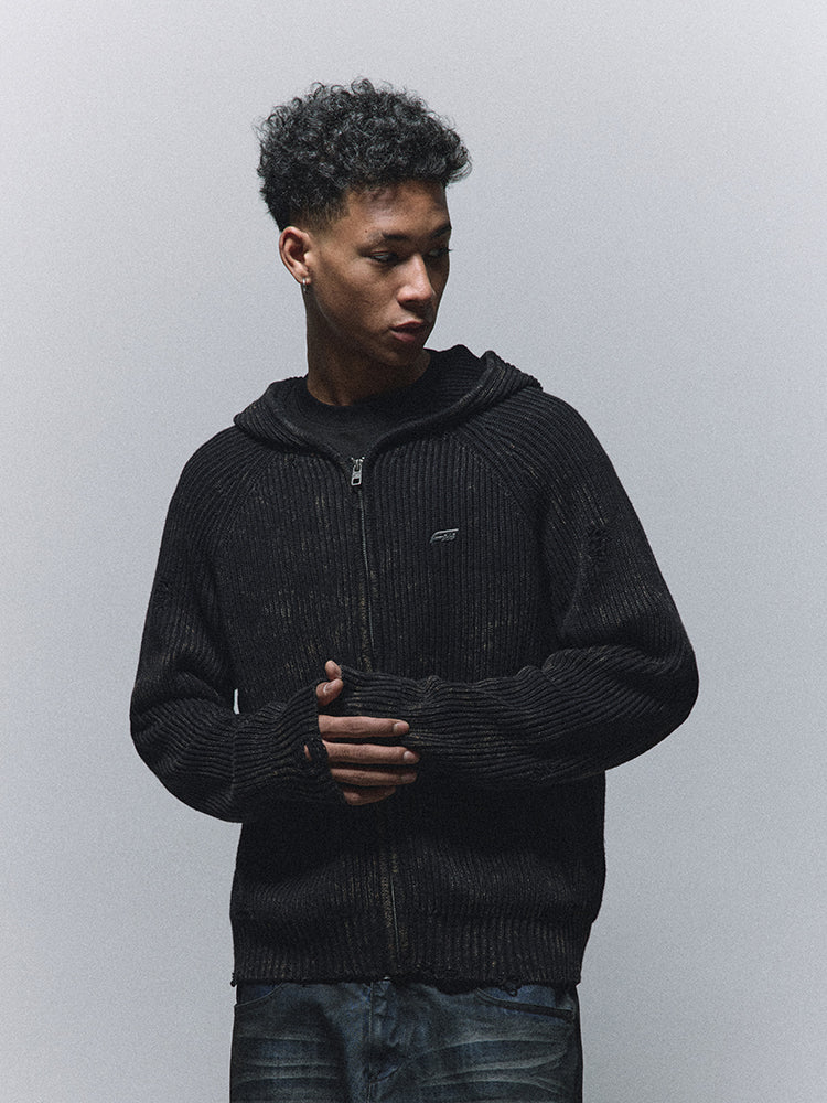 ANTIDOTE Washed Destruction Zip Up Knit Hoodie | Face 3 Face