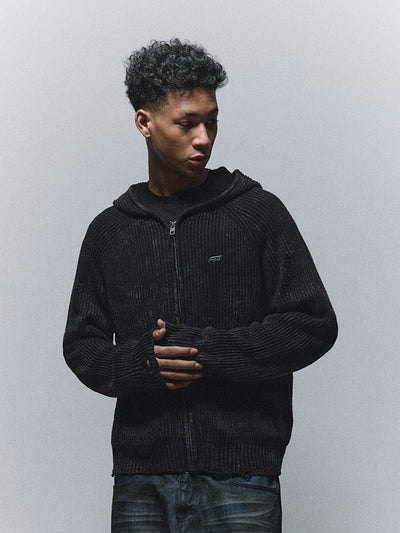 ANTIDOTE Washed Destruction Zip Up Knit Hoodie | Face 3 Face