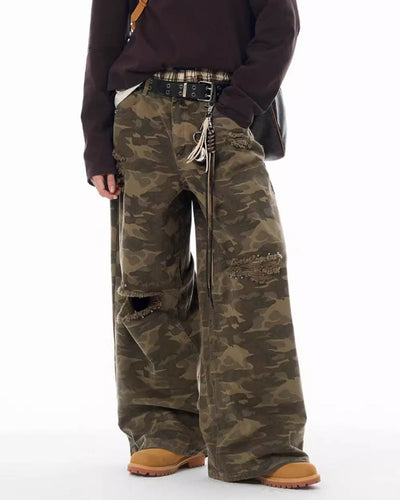 JHYQ Broken Hole Abrasion Camouflage Baggy Work Pants | Face 3 Face