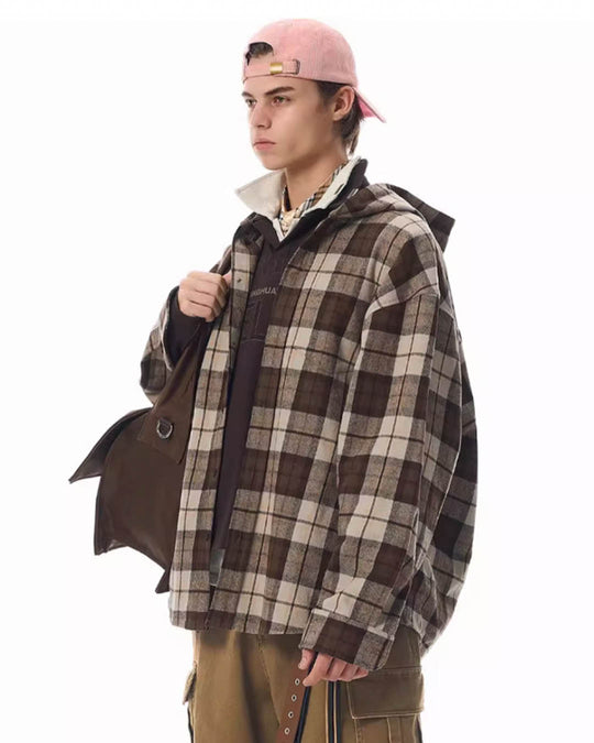 JHYQ Work Plaid Embroidery Hooded Shirt Jacket | Face 3 Face