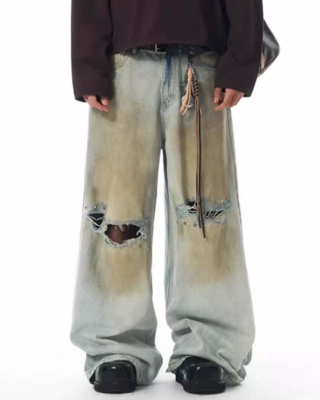 JHYQ Dirty Dye Ripped Rivets Diamonds Baggy Jeans | Face 3 Face