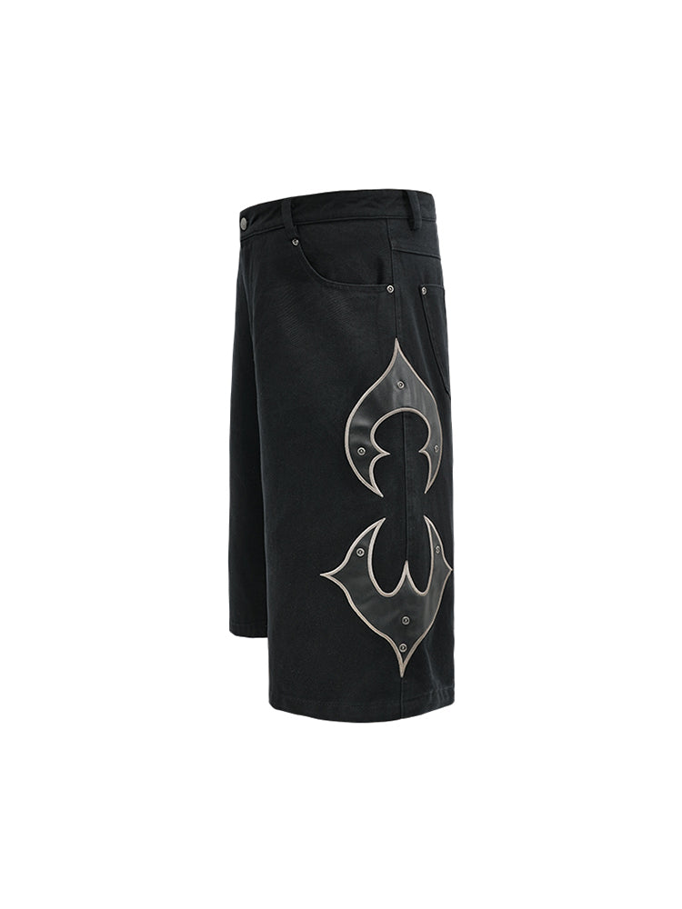 ANTIDOTE Leather Embroidered Studs Shorts Denim Jeans