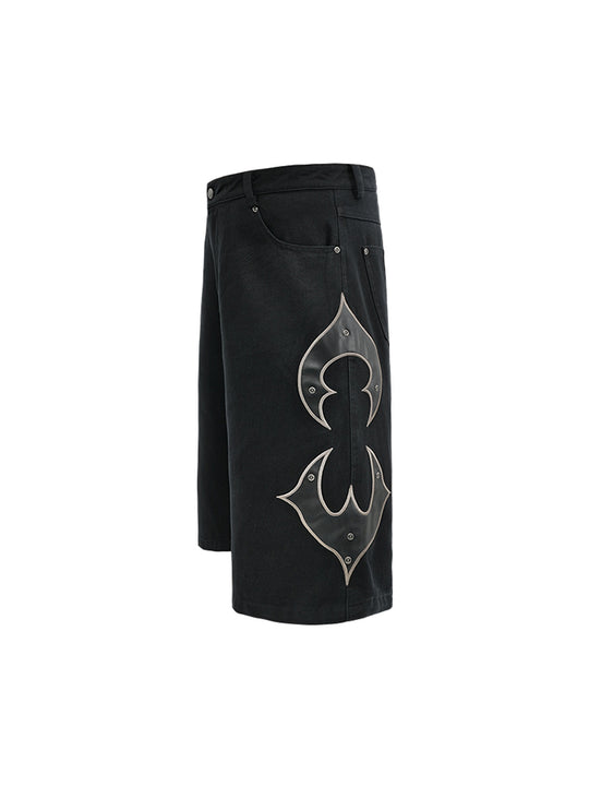 ANTIDOTE Leather Embroidered Studs Shorts Denim Jeans