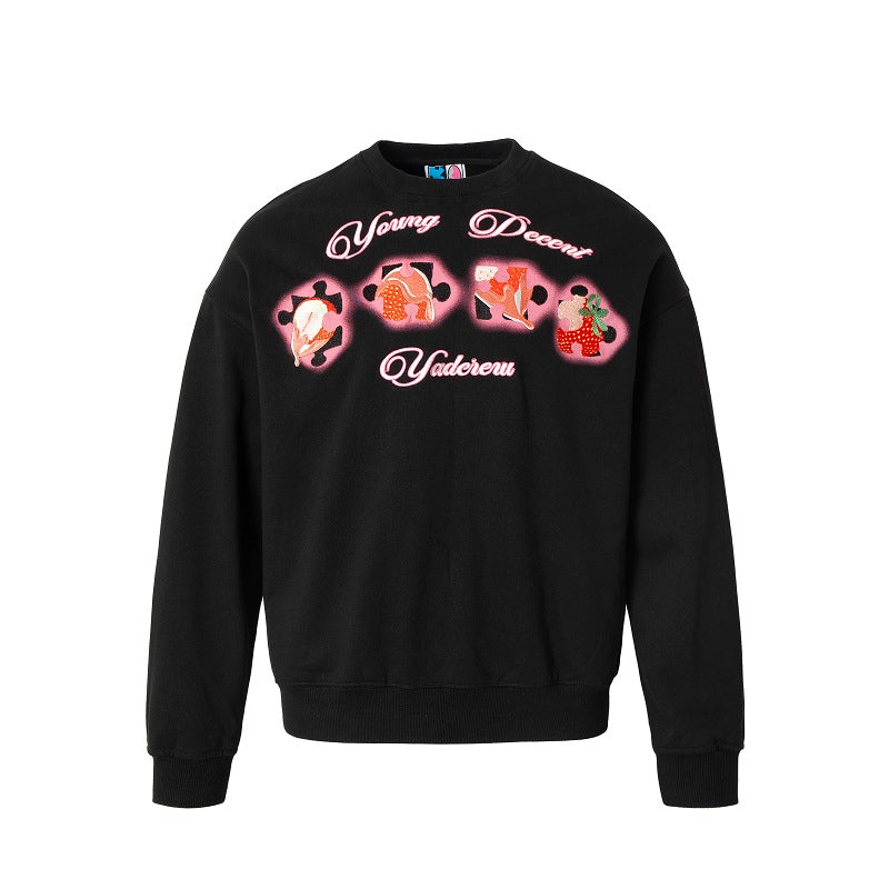 YADcrew Cream Strawberry Puzzle 3D Embroidery Sweatshirt | Face 3 Face