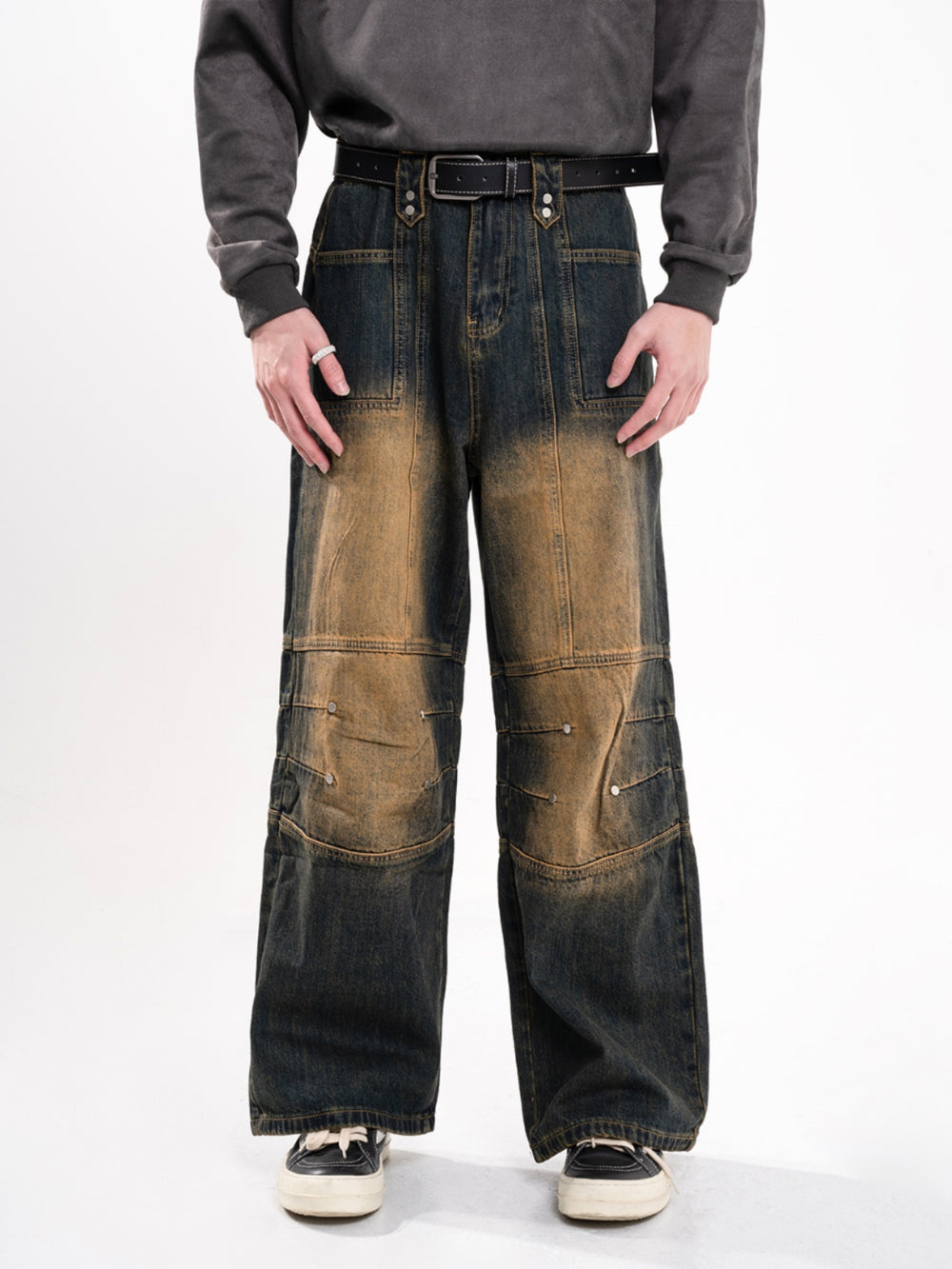 F3F Select Yellow Clay Dye Washed Deconstructed Work Jeans