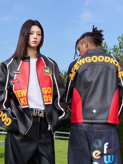 AFGK Badge Stitching Leather Racing Jacket | Face 3 Face