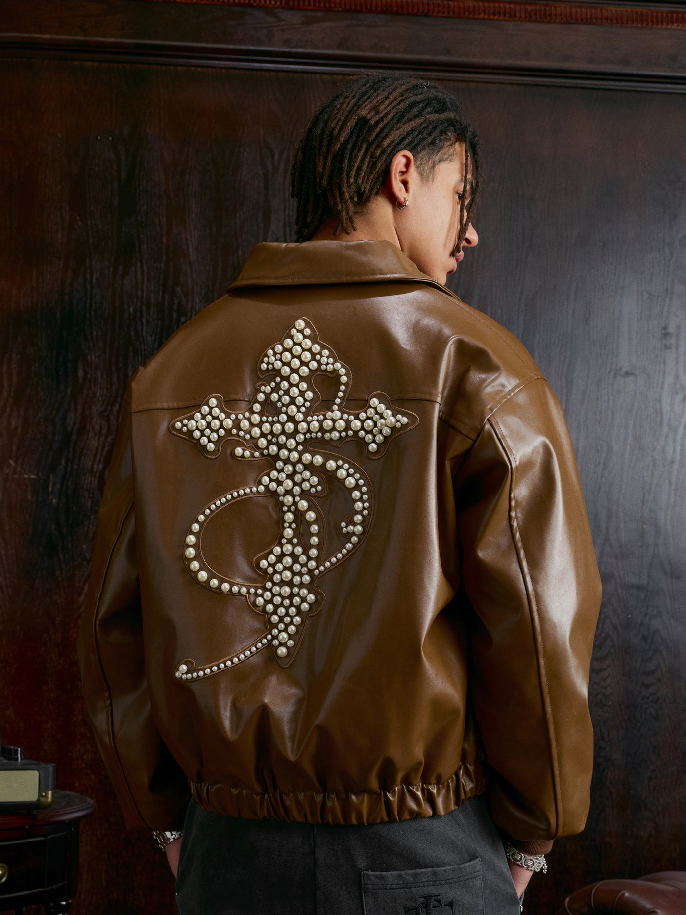 Small Town Kid Pearl Cross Logo PU Leather Racing Jacket | Face 3 Face