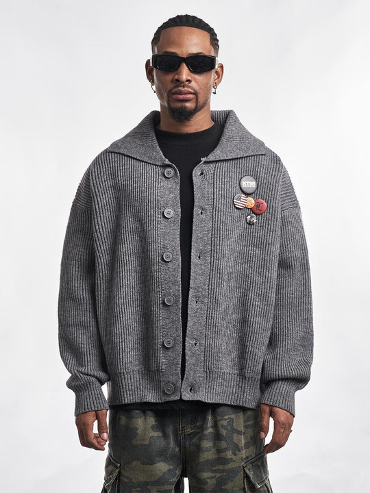 F3F Select Wide Lapel Gray Button Knit Cardigan | Face 3 Face