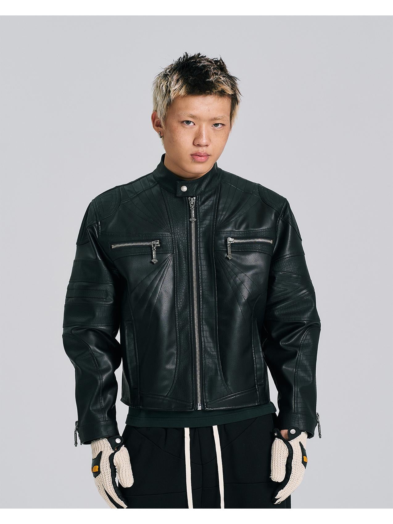 EVILKNIGHT(EK) Stitched Embossed Leather Rider Jacket | Face 3 Face