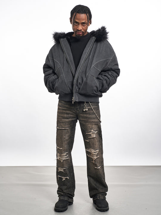 F3F Select Washed Deconstruction Fur Hooded Bomber Jacket | Face 3 Face