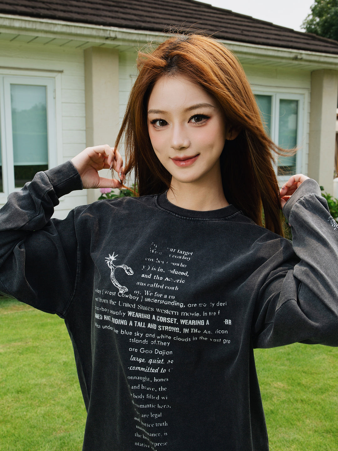 S45 Cross Pattern Printing Washed Long Sleeve Tee | Face 3 Face