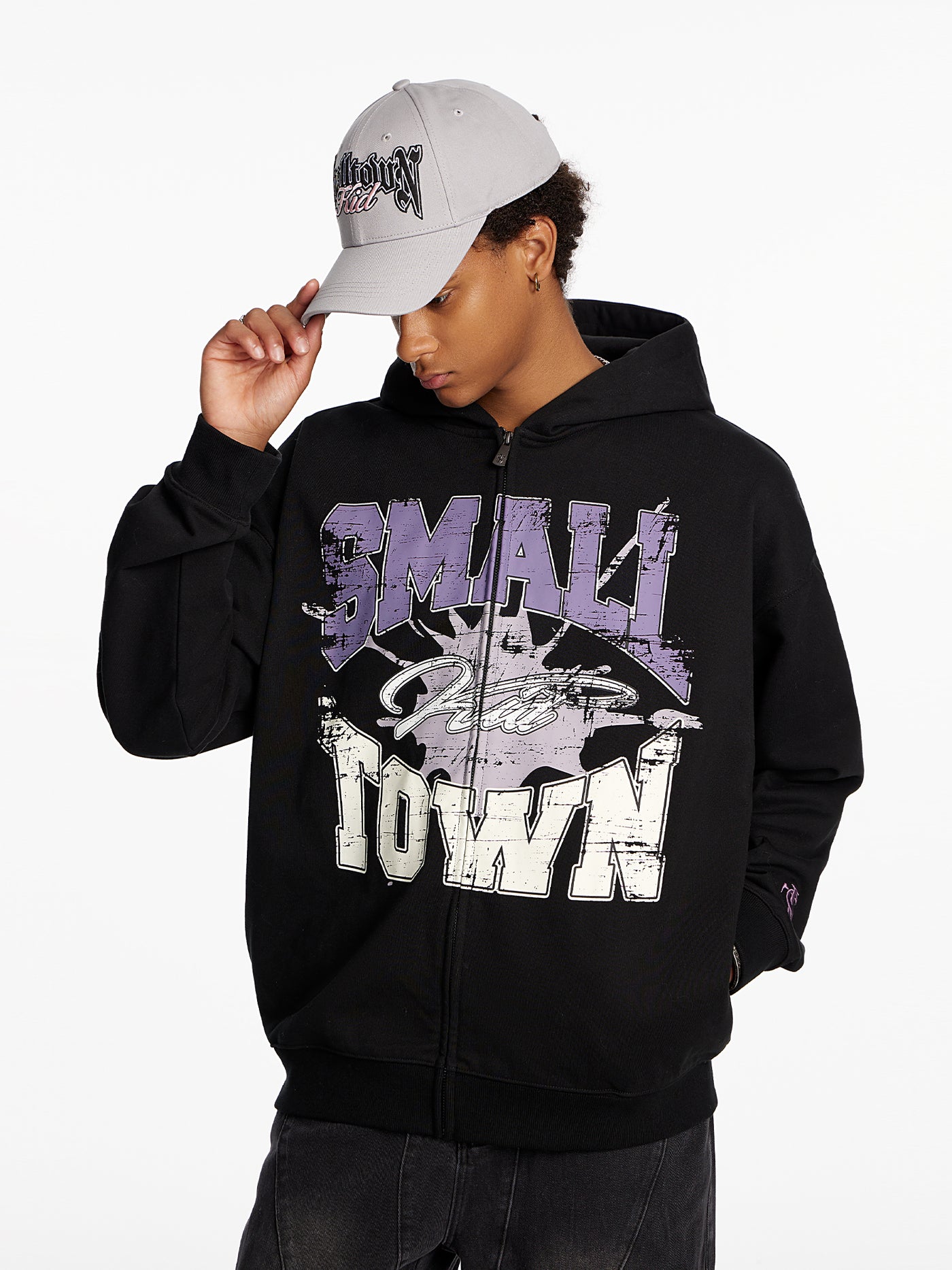 Small Town Kid Lacquered Arc Print Zip Up Hoodie | Face 3 Face