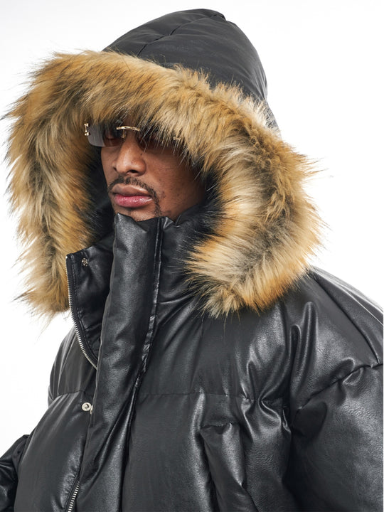F3F Select Fur Hooded Removable PU Leather Puffer Jacket | Face 3 Face