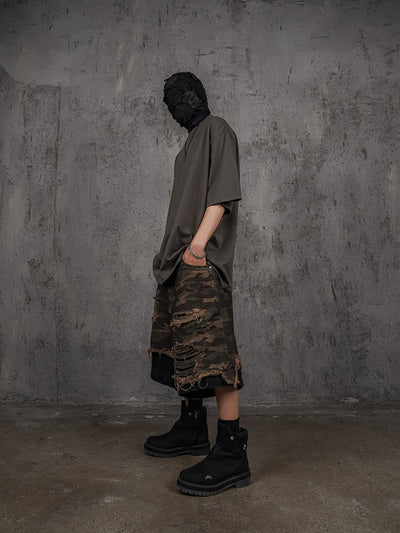 UNDERWATER Double Layer Damage Camo Cargo Denim Shorts | Baggy Jorts | Face 3 Face