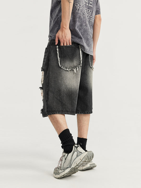 F3F Select Washed Black Broken Holes Denim Short Jeans