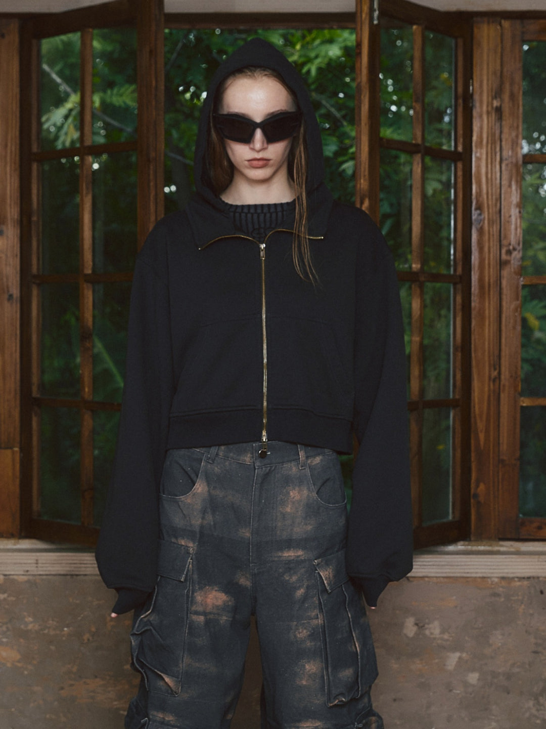 STEEPC Fake Two Piece Collar Boxy Crop Zip Hoodie | Face 3 Face