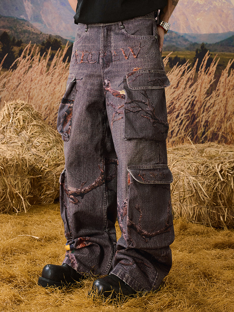 YADcrew Autumn Forest Tree Branch Print Baggy Cargo Jeans | Face 3 Face