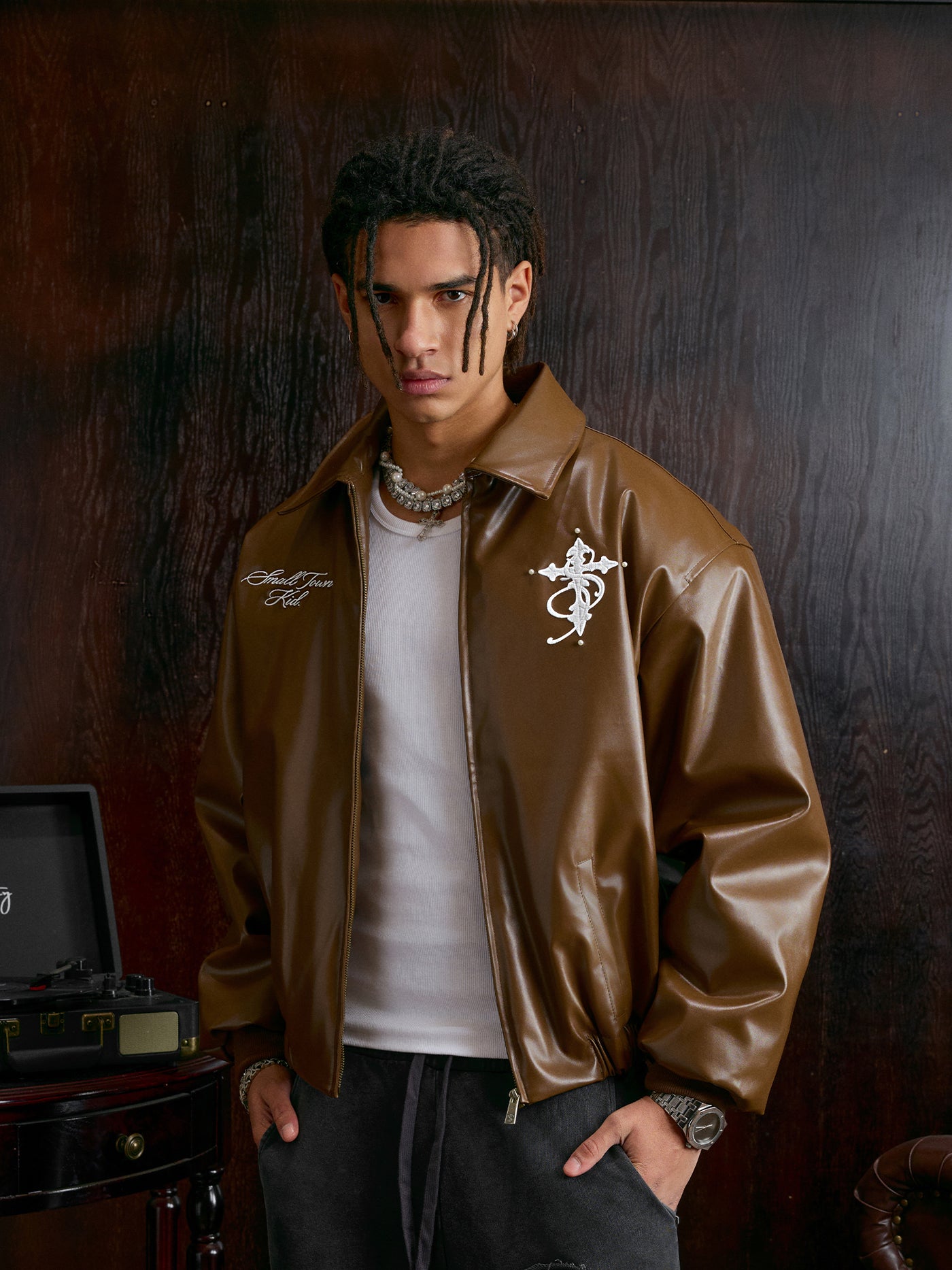 Small Town Kid Pearl Cross Logo PU Leather Racing Jacket | Face 3 Face