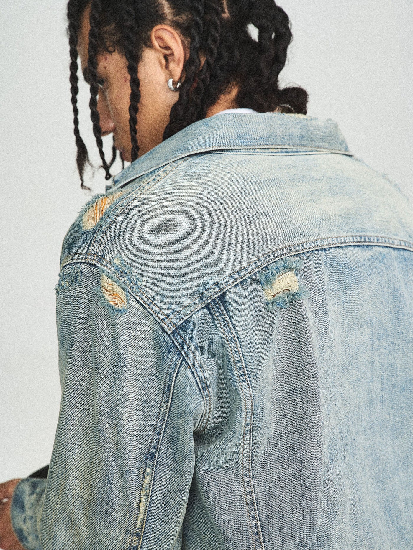 STEEPC Washed Vintage Aged Destroyed Pleated Denim Jacket | Face 3 Face