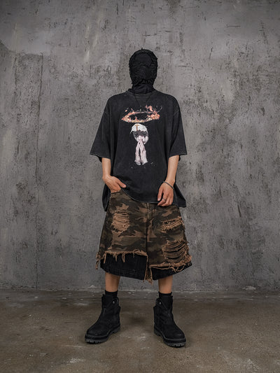 UNDERWATER Double Layer Damage Camo Cargo Denim Shorts | Baggy Jorts | Face 3 Face